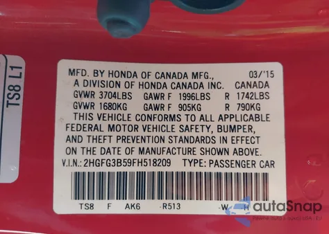 2015 Honda Civic Lx from USA, damaged, VIN 2HGFG3B59FH518209